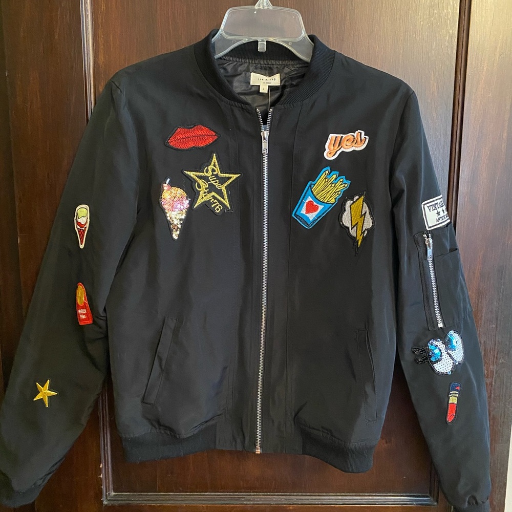 Bomber Jacket Black Zip Up W/ Patches Makeup Stars Sequins Sz L Tea & Cup NWT